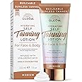 GLEOW Self Tanner Medium, Self Tanning Lotion for Face & Body, Non Toxic Sunless Tanner, Gradual Tanning Lotion, Face Tanner with Hyaluronic Acid 7.5 oz