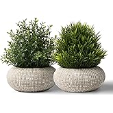 PENGYEE 2 Pack Small Fake Plants in Cement Planter for Bathroom Decor, 6.1/5.7 Inch Artificial Plants Indoor, Small Faux Plants Indoor for Home Room Bedroom Farmhouse Kitchen Office Decor - Boxwood