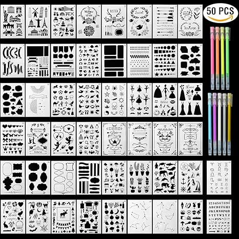 HUYU Schablonen Set, 50PCS Zeichenschablonen, Bullet Journal Schablonen Set, Malerei Zeichen Muster, Wiederverwendbare Plasti