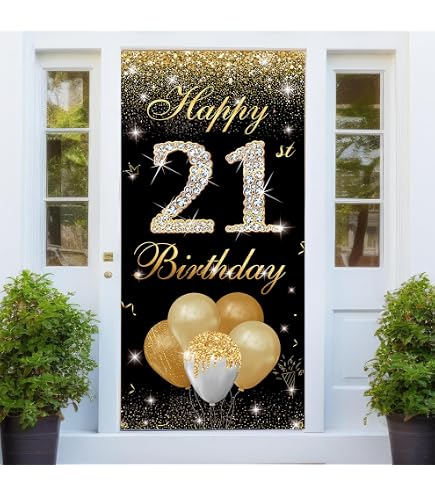 PHXEY 21st Birthday Door Banner - Black & Gold Happy Birthday Decor, 6.1ft X 3ft, Reusable For Her & Him Parties - View #4
