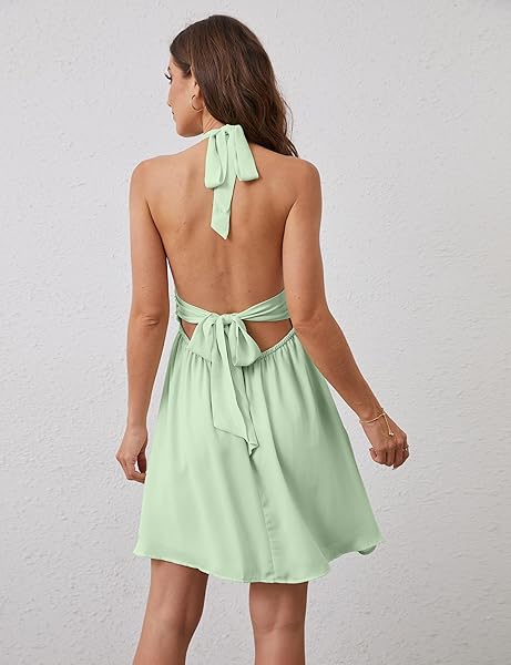 MSBESYOR WOMEN SEXY DEEP V NECK HALTER MINI DRESS SLEEVELESS BACKLESS A LINE TIE BACK PARTY CLUB SUMMER BEACH COCKTAIL DRESS GREEN, MEDIUM