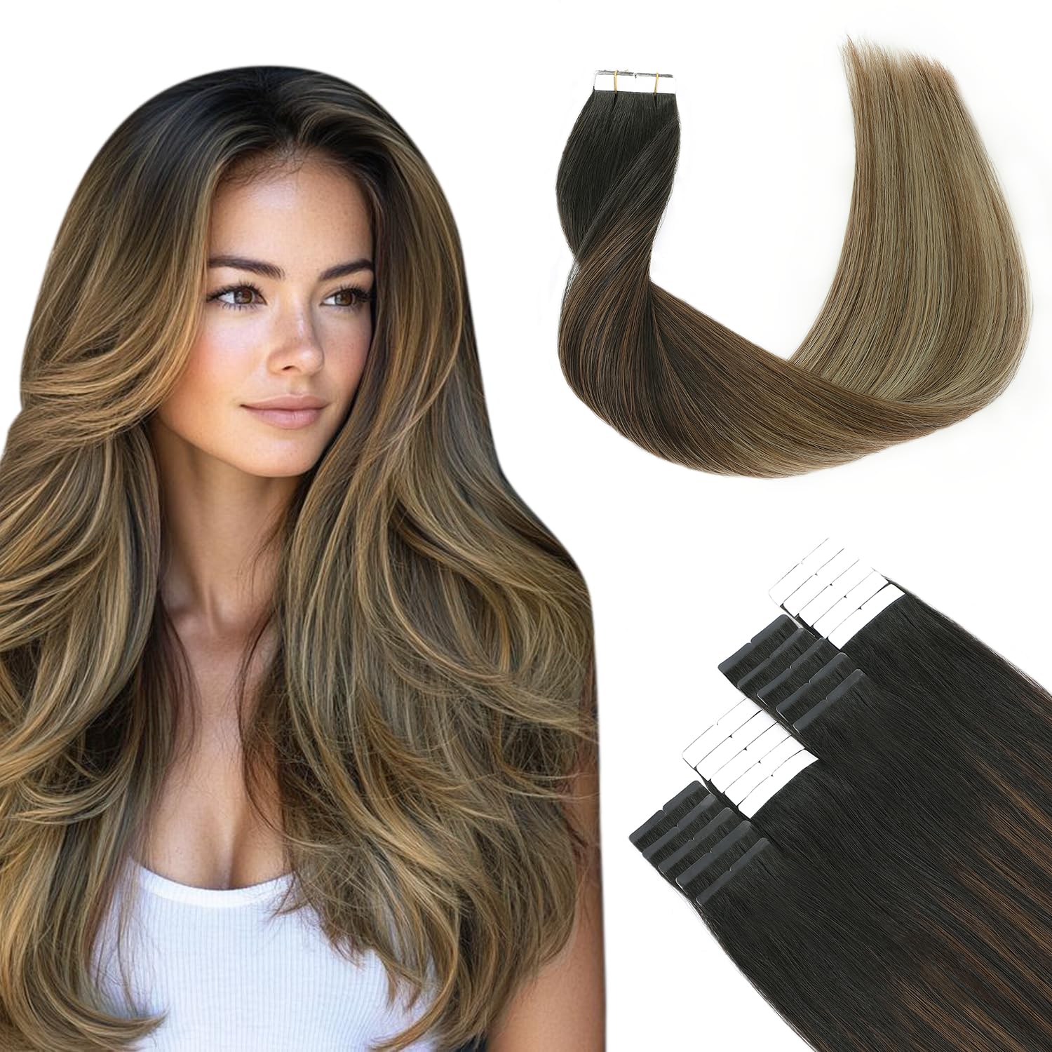 SURNEL Tape in Hair Extensions Human Ombre Hair Real Human Blonde 20Pcs Balayage Natural Black to Brown Mix Caramel Blonde 50g (T16inch, 1B/4/27) — image 1