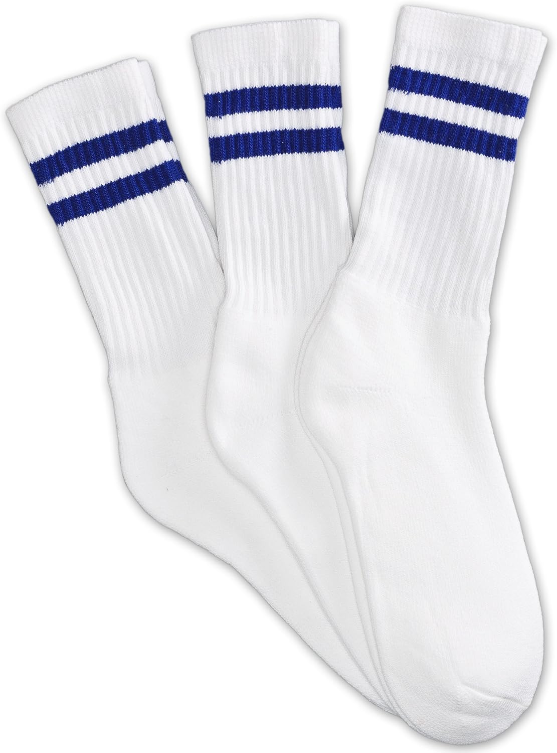 12 Pairs white unisex crew socks with two royal blue stripes classic retro old school at Amazon