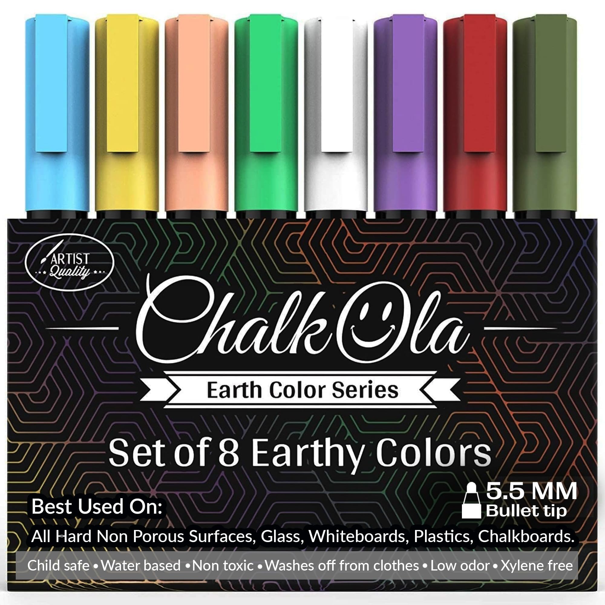 Chalk Pens - Pack of 8 Earth Colour Markers - Use on Whiteboard, Chalkboard, Window, Blackboard, Bistros Glass - 6mm Reversible Bullet & Chisel Tip