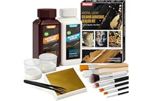 Nariolar All-in-One Gold Leaf Adhesive Kit – 3.4 Fl Oz Gilding Adhesive and 3.4 Fl Oz Varnish, 100 Sheets Gold Leaf, 7 Brushes & Tweezers for Crafting & Decorative Art