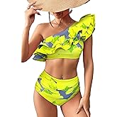 SPORLIKE Women High Waisted Swimsuit Flounce One Shoulder Bikini Padded Bathing Suit