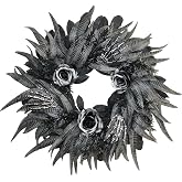 BINFEN 24 Inch Black and Silver Rose Halloween Wreath with 3 Skeleton Hands | Layered snake-skin-pattern foliage in a bold monochrome palette for gothic porch entryway decor