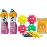 Scrub Daddy Cleaning Supplies Kit - Cif Floral Bundle - Includes Scrub Mommy Dish Sponges, Microfiber Towels, Kitchen Sink Caddy &amp; Cif Cream All Purpose Cleaner, Pink Lilly (9 Count)