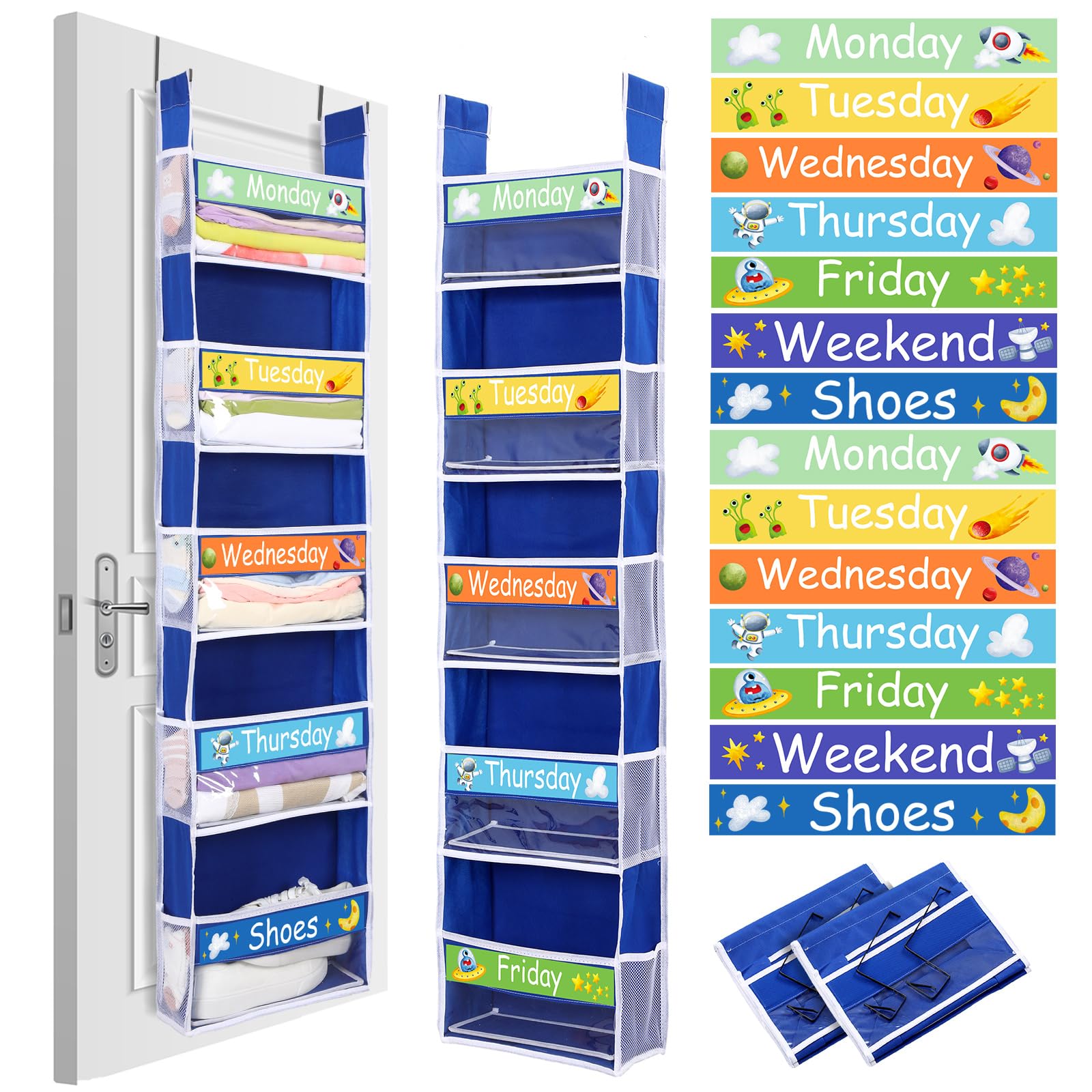 Photo 1 of Yoojahow 2 Pack 5 Shelf Weekly Clothes Organizer for Kids Over the Door Hanging Storage Monday through Friday Heavy Duty Clothes Organization for Bathroom Nursery Bathroom Kitchen(Blue)