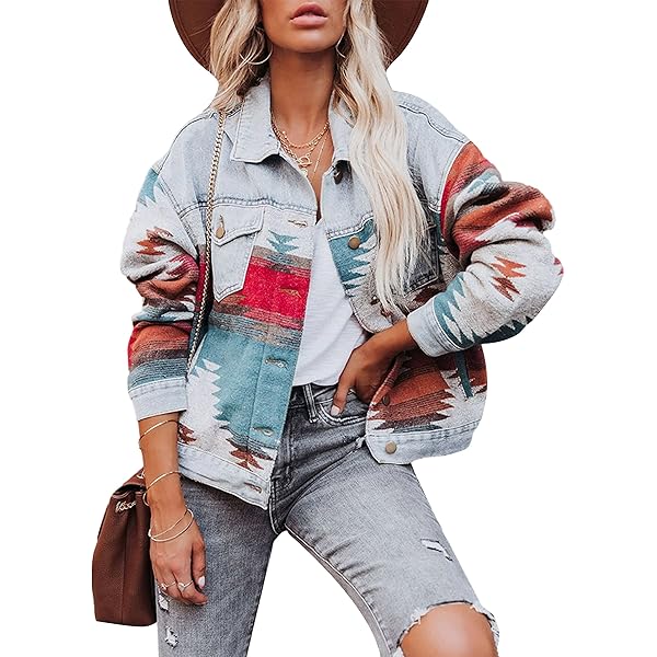 Lumister Aztec Denim Jacket Distressed Lapel Long Sleeve Vintage