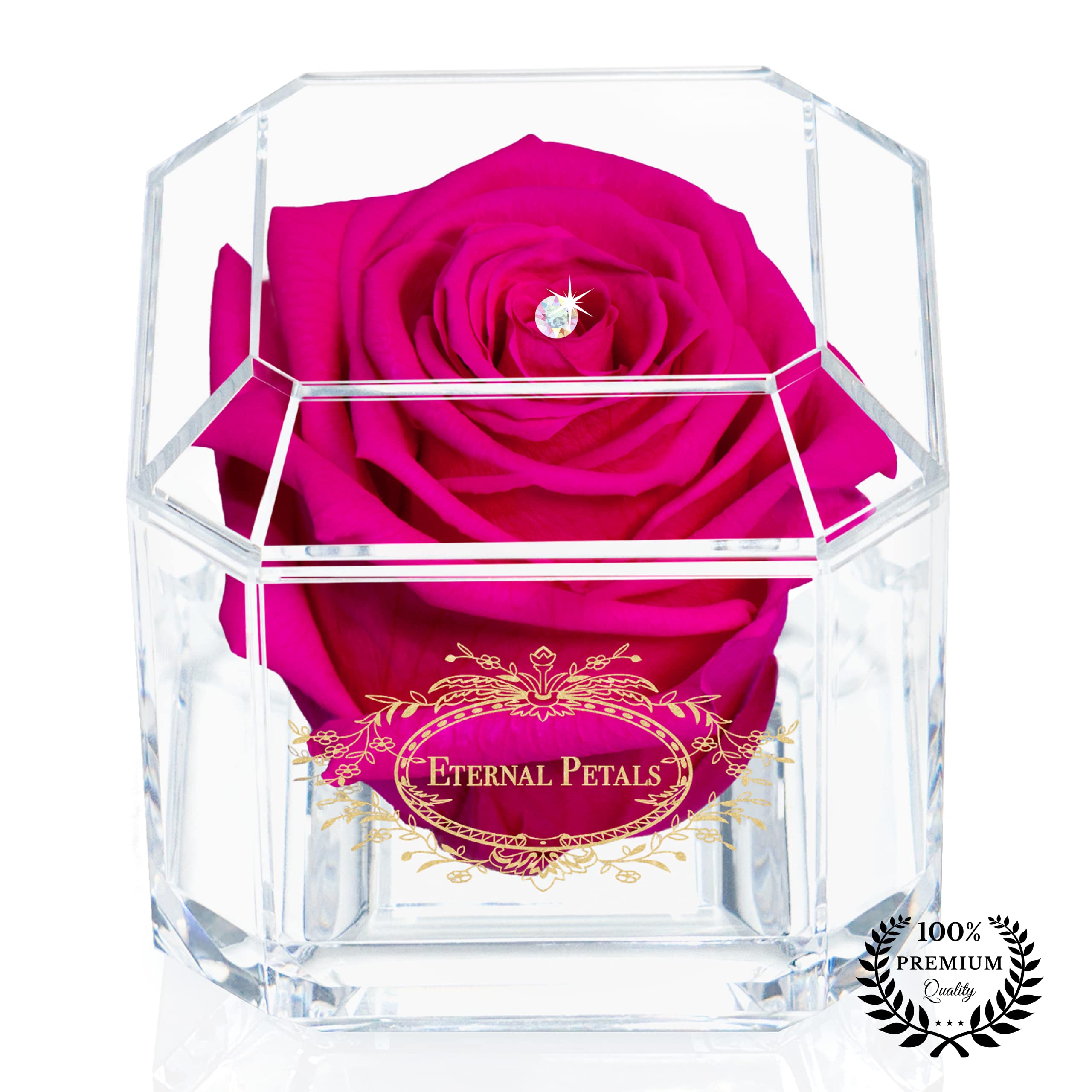 Eternal Petals A 100% Real Rose That Lasts Years, Handmade in UK – Gold Solo with A Multicolour Crystal (Hot Pink)
