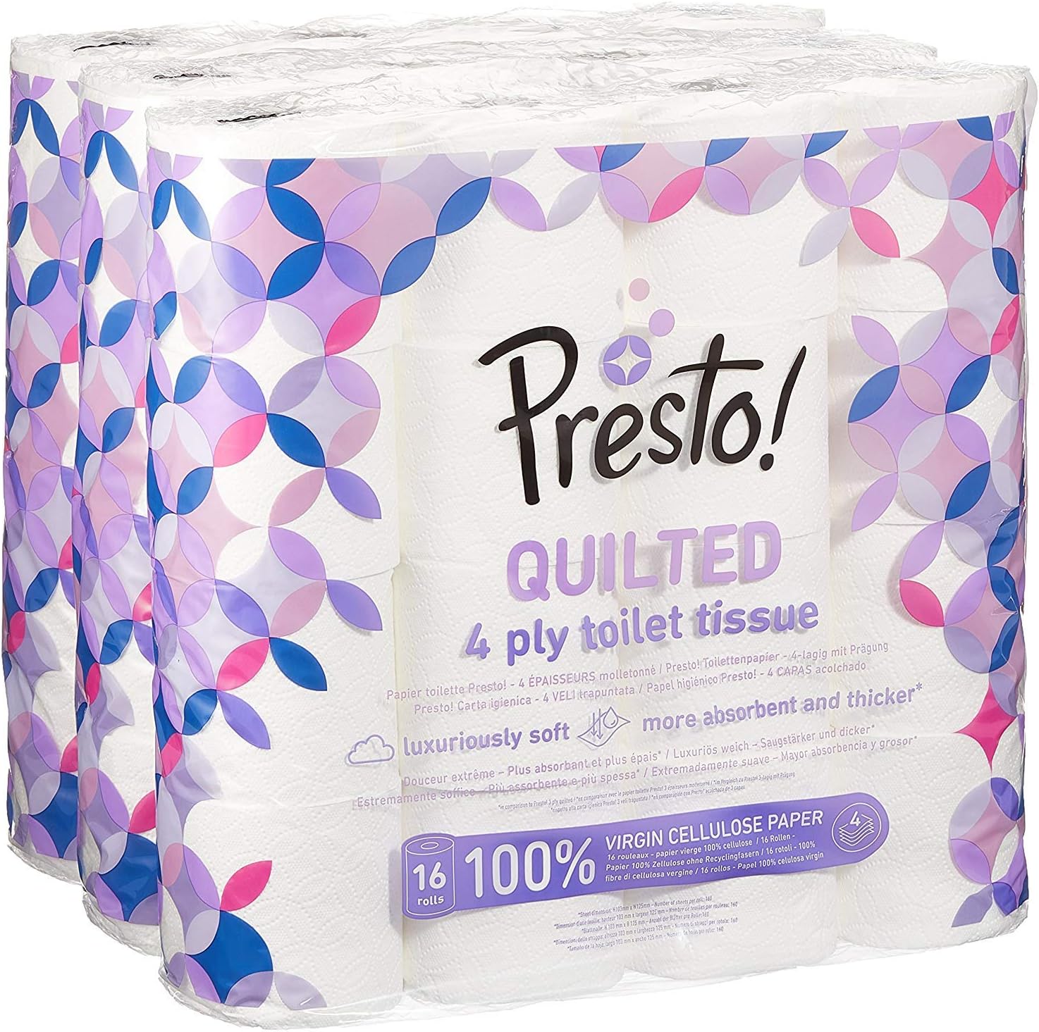 Amazon Brand Presto! 4Ply Quilted Toilet Tissues, 48 Rolls (3 x 16 x 160 sheets) Pattern