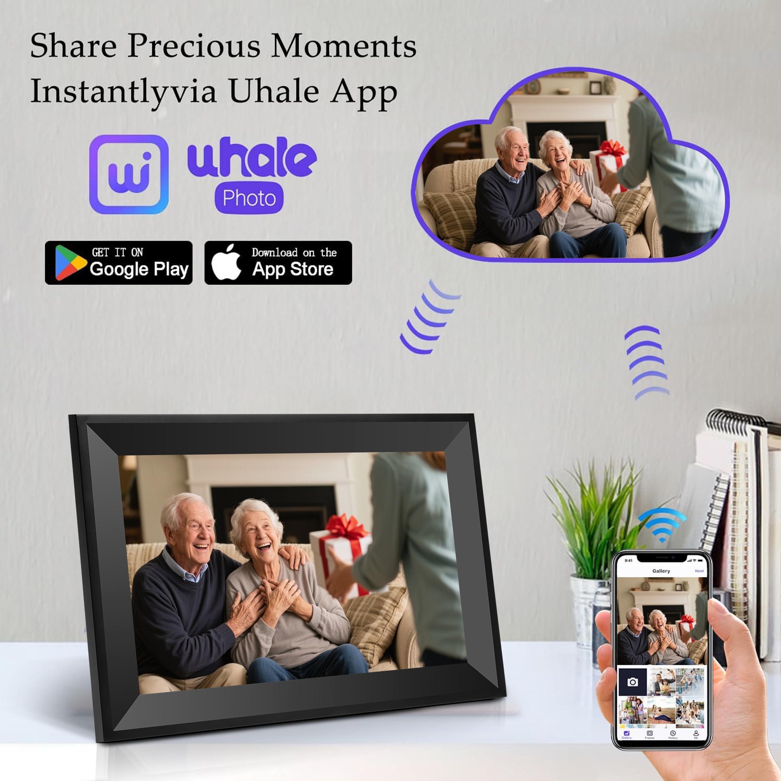 Uhale 10.1 Inch HD Touch Screen Digital Picture Frame WiFi Enabled,16GB Storage,Auto-Rotate, Digital Photo Frame Free Photo and Video Sharing to Family & Friends via The app