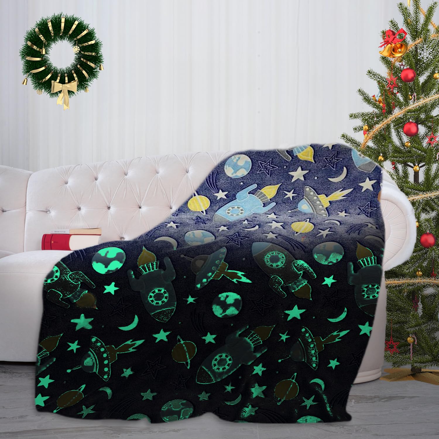 Glow in Dark Spaceship Blanket, 59×51 Inch Soft Flannel Fleece All Season Throw Blanket with Cute Pattern for Christmas Kids Gift (Blue-Space)
