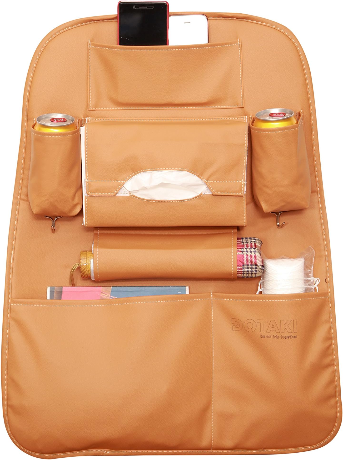 Dotaki Kick Mats Car Backseat Organizer (Leather) Cargo Storage Carrier with Pockets | Store Water Bottles, Mobile Devices, Tissue, Umbrella, Toys | Keeps Entertainment Accessible (Dark Yellow)