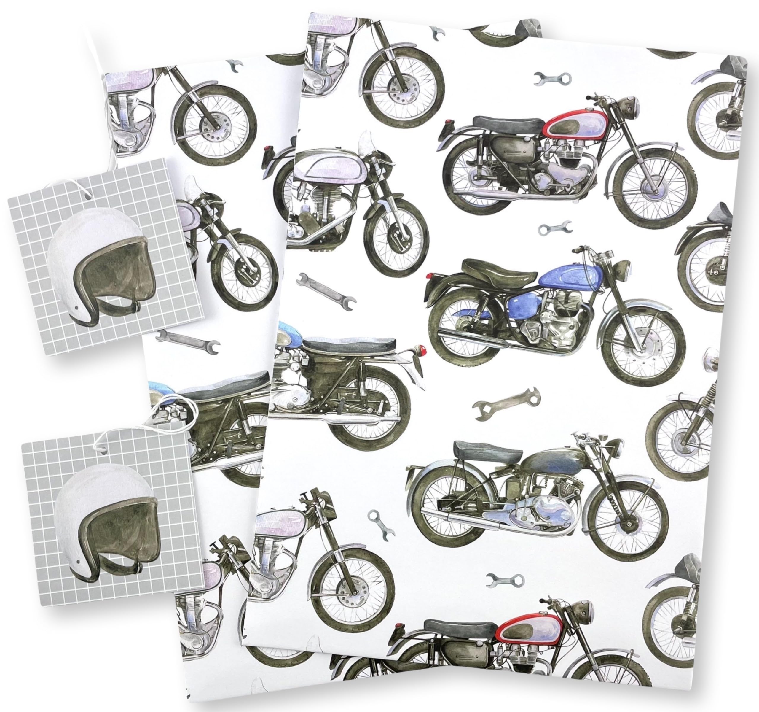 Motorbike Motorcycle Recycled and Recyclable Eco Printed Gift Wrapping Paper - 2 Sheets and 2 Tags - Birthday - Christmas - Father's Day