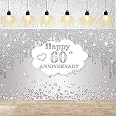 60th Wedding Anniversary Banner Decorations, Silver 60 th Wedding Anniversary Decorations Poster Photography for Backdrop, Silver Happy 60 Years Decor Party Supplies, 72.8x43.3 inches