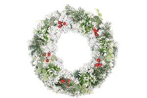 KUNGFUKING Winter Wreaths for Front Door, Outdoor Christmas Wreath Large White Xmas Reef Decorations with Snow Flocking, Green Leaf and Red Berry 16" 20 inch Handmade Premium Holiday Indoor Outside Decor
