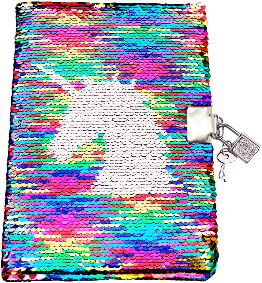 Poitemsic Unicorn Sequin Diary with Lock and Key Rainbow Reverse Sequins Notebook Journal for Girls Children Diaries School Supplies - 160 Pages