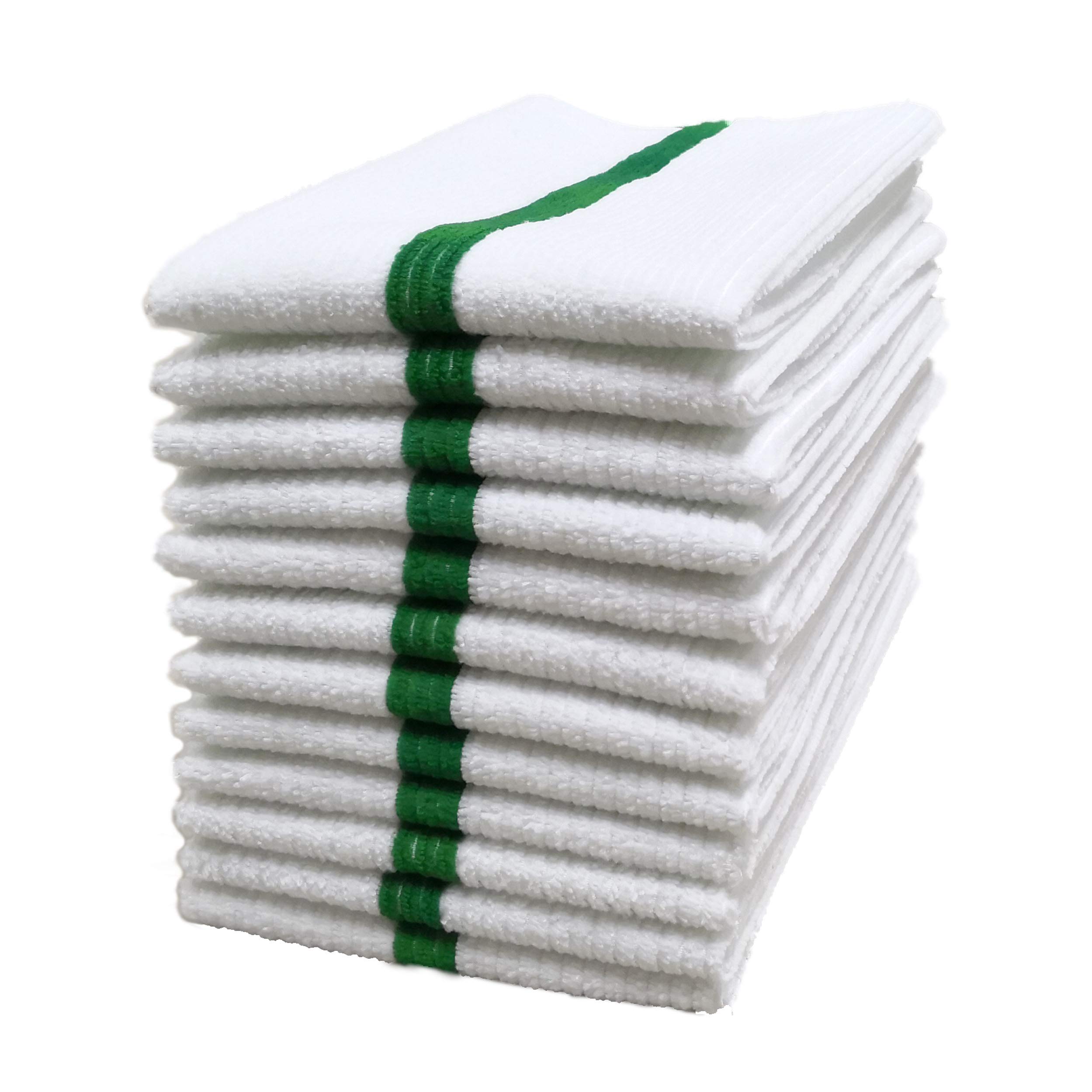 POLYTE Microfibre All-Purpose Ribbed Terry Bar Mop Towel For Home, Kitchen, Restaurant Cleaning, 12 Pack, 35x43 cm, White W/Green Stripe