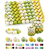 100PCS FIVEIZERO Silicone Beads for Keychain Making, 9mm & 15mm Yellow Green Mixed 5 Colors Silicone Focal Beads for Bracelets, Beadable Pens and DIY Crafts
