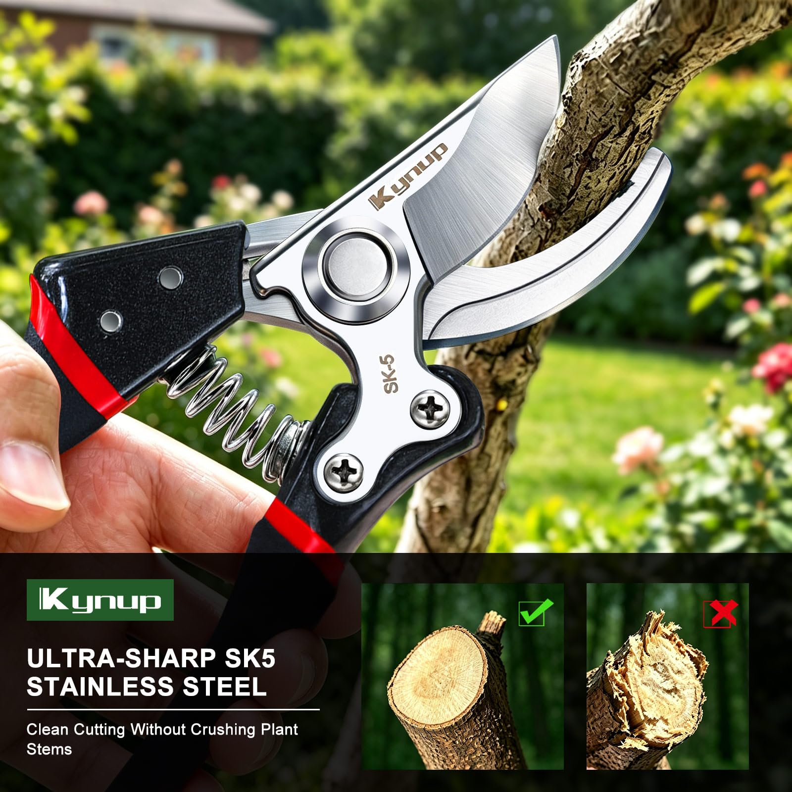 Kynup Profi Gartenschere mit SK-5 Stahl, Rostfreie Astschere für Äste bis 25mm, Profi Rosenschere & Baumschere mit Ergonomisch Rutschfester Griff, Pflanzenschere für Rosen, Sträucher, Bonsai 2