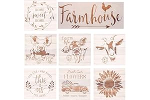 SoulQool 8 Pcs Farmhouse Reusable Stencils,Farm Theme Painting Stencils for Painting on Wood,Sunflower/Animal Pattern Stencil