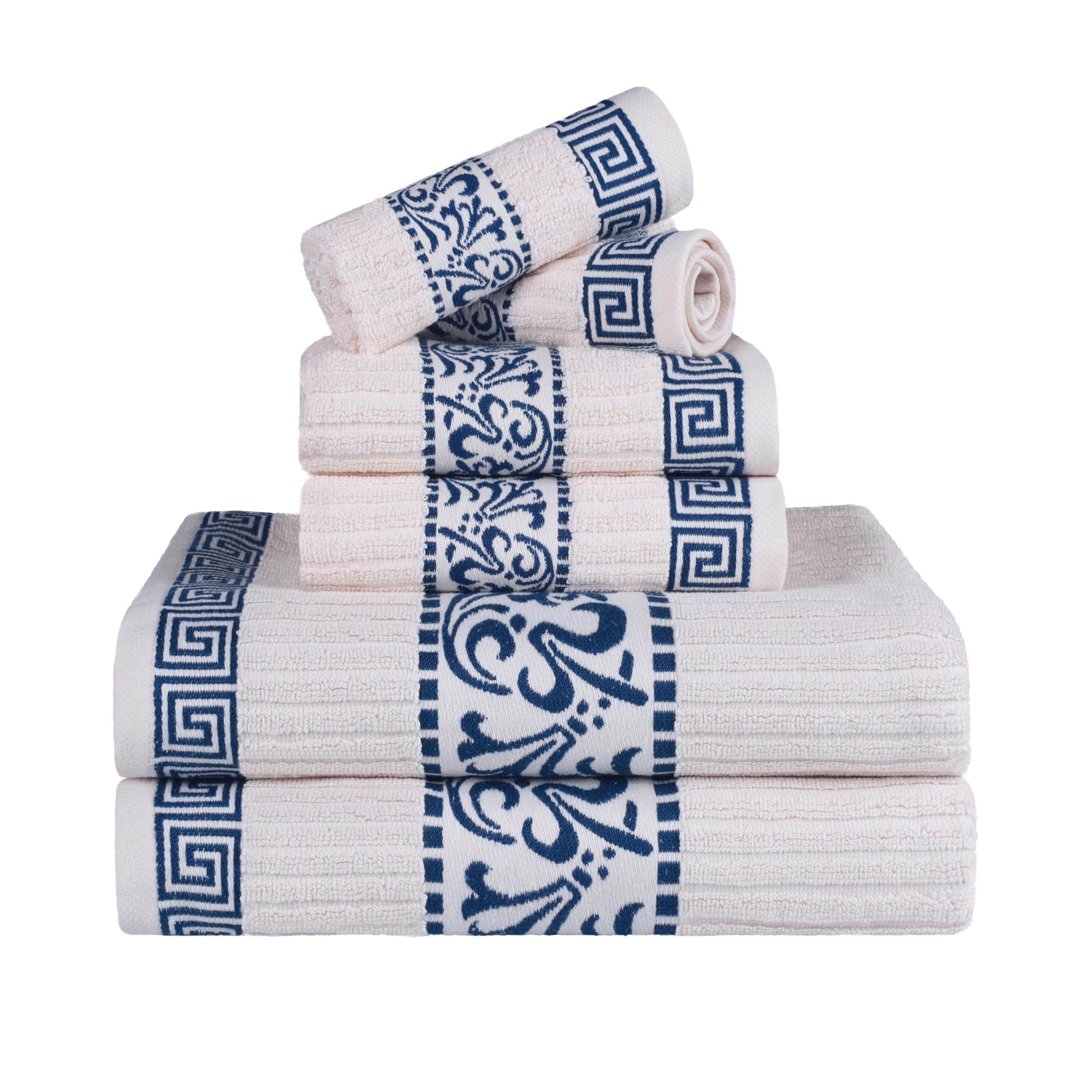 Photo 1 of Superior 6-Piece Cotton Towel Set, Decorative Greek Pattern, Home Essentials, Absorbent Towels, Bathroom Decor, Spa, Resort, Includes 2 Hand, 2 Face and 2 Bath Towels, Athens Collection, Ivory-Navy