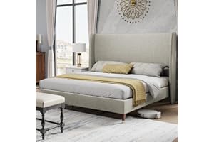 PaPaJet King Size Bed Frame with 51.2" Wingback Headboard, Upholstered Modern Tall Platform Beds, Solid Wood Legs, Easy Assembly, No Box Spring Needed, Soft Linen Bedroom Furniture, Light Khaki