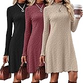Velvelhall 3 Pack Women's Long Sleeve Sweater Dresses Ribbed Knit Lettuce Trim Mock Turtleneck Short Casual Slim Fit Dresses