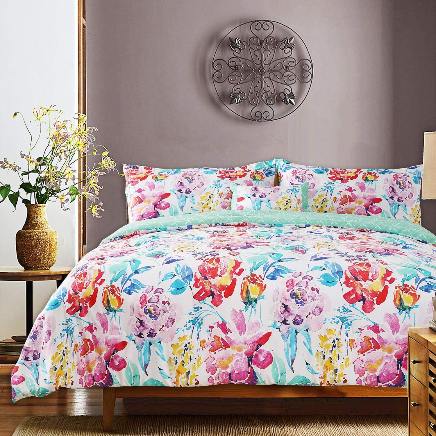 GS Home Fashions100% Cotton Comforter Set King 4 Piece, Elegant Floral Printed Warm and Cozy Bedding Collection Ultra Soft Reversible, 1 Comforter, 2 Shams and 1 Pillow