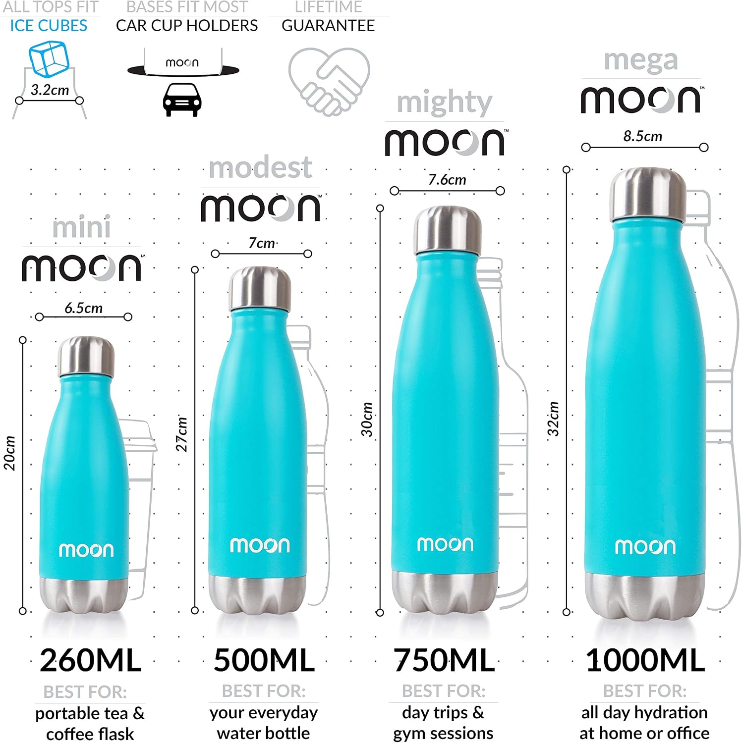 Moon Bottles, Insulated Water Bottle that Lasts Forever, 18/8 Stainless Steel Vacuum Flask, Double Walled Drink Bottle - Image 3