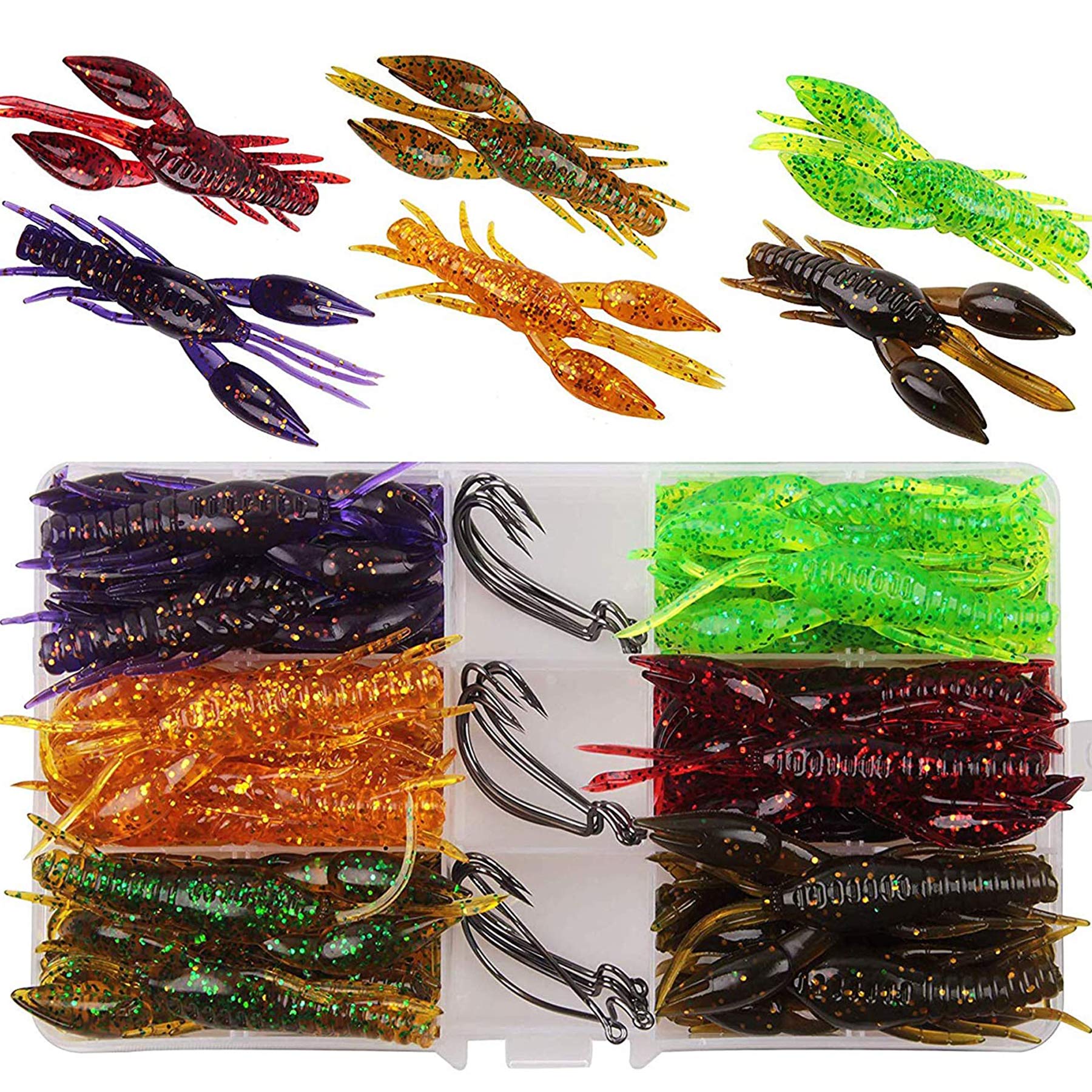 45pcs Crawfish Bait Silicone Soft Artificial Bait Crayfish and Worm Hook 3D Slow Sinking Floating Shrimp Creature Lures Fishing Hook for Bass Fishing Freshwater or Saltwater