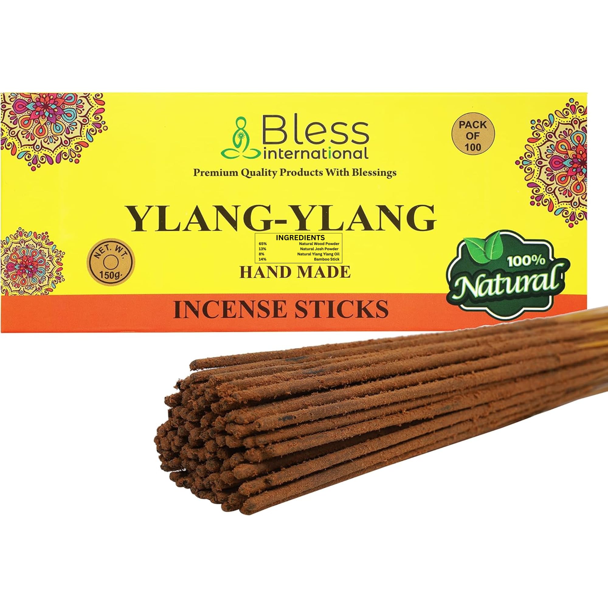 Bless-YLANG-YLANG-Incense-Sticks 100%-Natural-Handmade-Hand-Dipped-Incense-Sticks Organic-Chemicals-Free For-Purification-Relaxation-Positivity-Yoga-Meditation The-Best-Woods-Scent (100 Sticks(150GM))