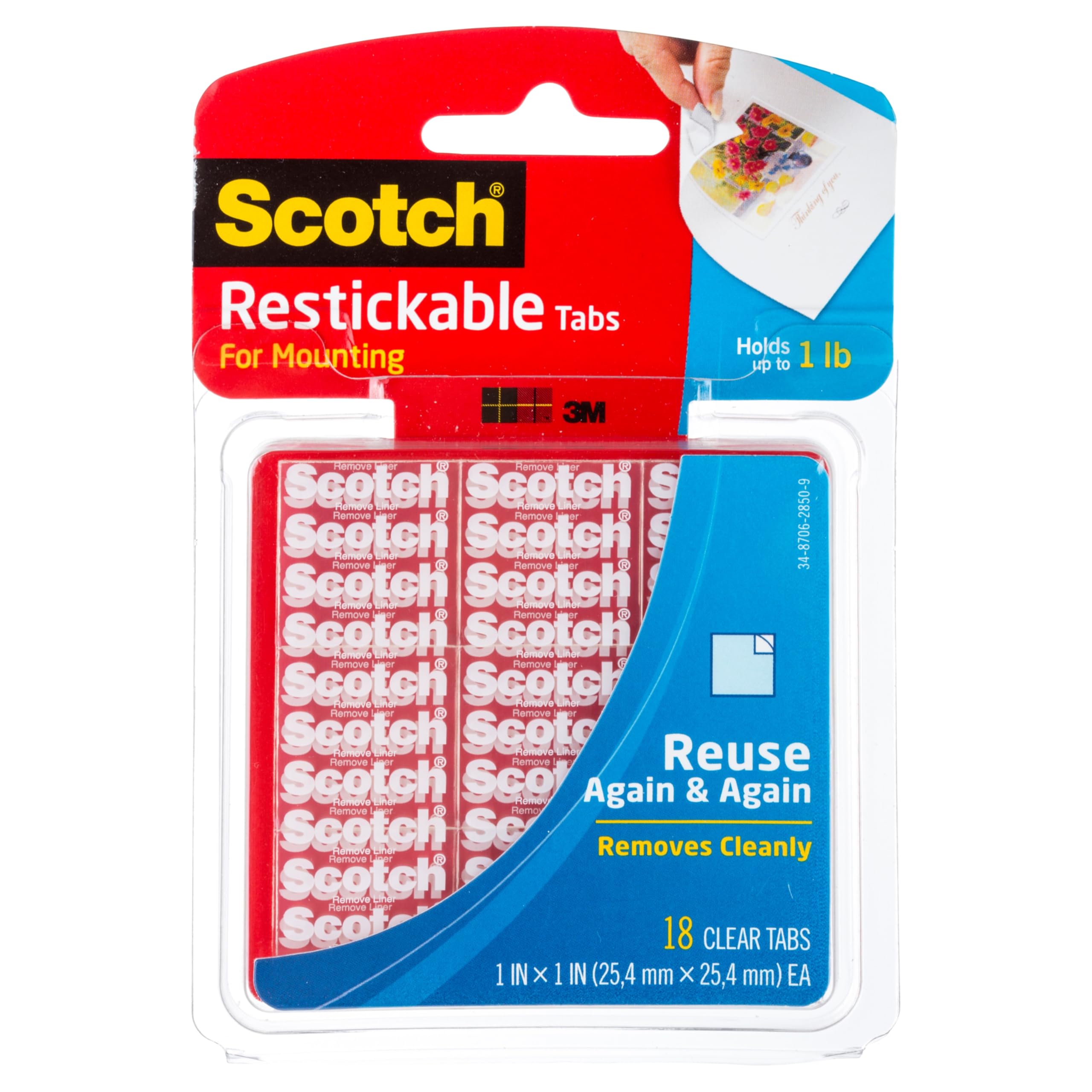 Scotch Restickable Tabs 25.4mm x 25.4mm (R100) - 1 pack, 18 tabs per pack