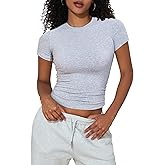 Hilor Women's Casual Basic Cotton T-Shirts Short Sleeve Y2K Going Out Crop Tops Baby Tees Tight Fitted Crew Neck T Shirts