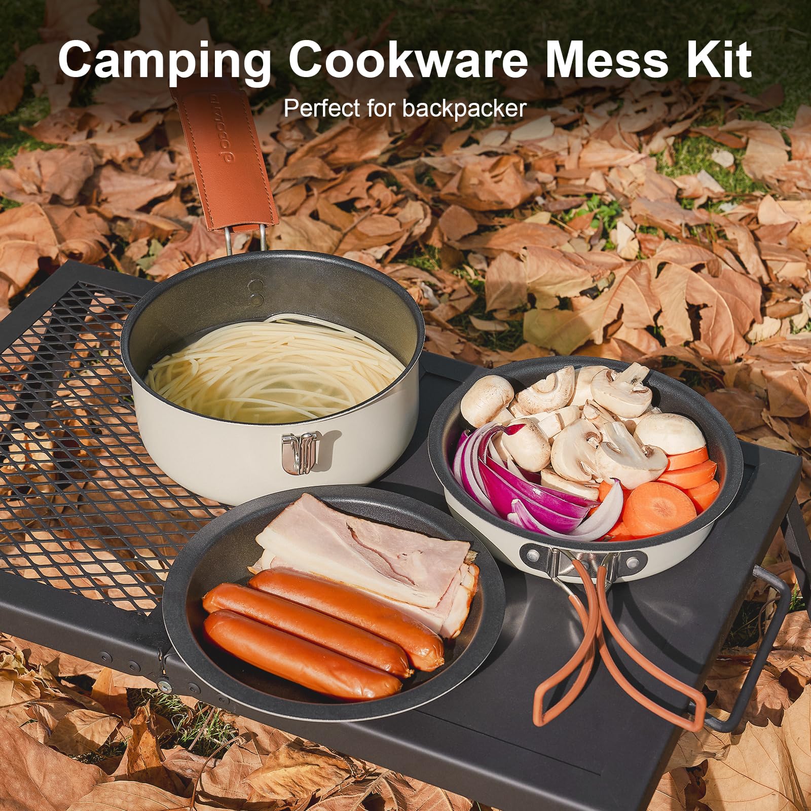 Odoland 10pcs Camping Geschirr Set mit klappbarem Campingkocher, keramisches Antihaft-Kochset mit Teller, Schüssel, Gabel, Messer, Löffel für Camping, Rucksacktourismus, Wandern und Picknicks 7