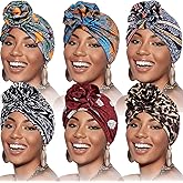 SATINIOR 6 Pieces Women Turban Flower African Pattern Headwrap Sleep Beanie Pre-Tied Bonnet Elastic Knot Cap