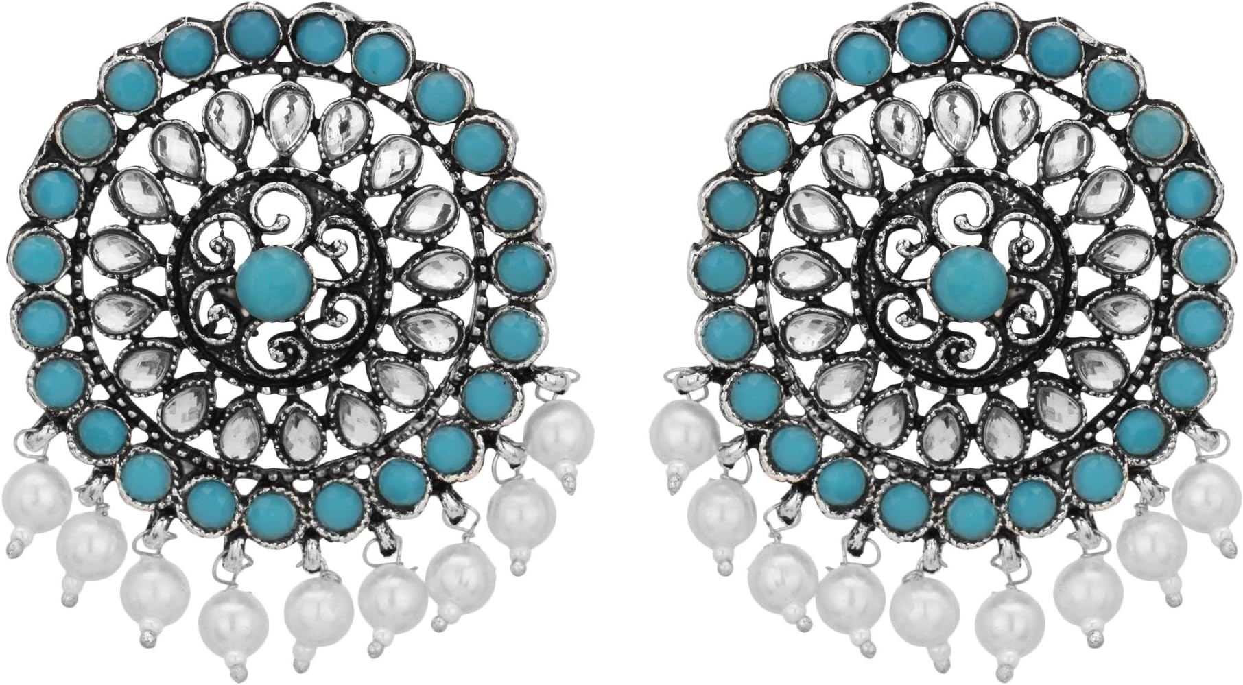 Jwellmart Indian Designer Bollywood Oxidized Silver Stone Partywear Stud Style Faux Pearl Festival Weddimg Earrings for Women and Girls