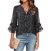 Furnex Womens Tops Dressy Casual Ruffle 3/4 Sleeve V Neck Elegant Floral Chiffon Blouses