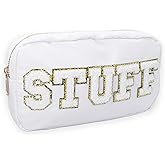 Fablinks Preppy Stuff Bag, Chenille Varsity Letter Makeup Pouch, Nylon Skin Care Zipper Patch Bags Organizer for Women, Travel Make Up Skincare Cosmetic Stocking Stuffers