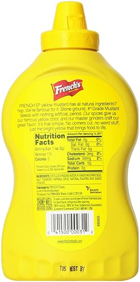 French's Classic Yellow mustard Distilled vinegar, Water no. 1 grade mustard seed, salt, turmeric, paprika, spices, Natural fl (041500000312)