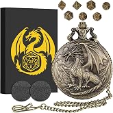 Mini DND Dice Set with Steampunk Dragon Pocket Watch Case, Tiny 7-Piece Polyhedral Metal D&amp;D Dice, DND Gifts with Gift Box for DND Lovers, Role Playing Game Board Game Accessories Dice, Bronze