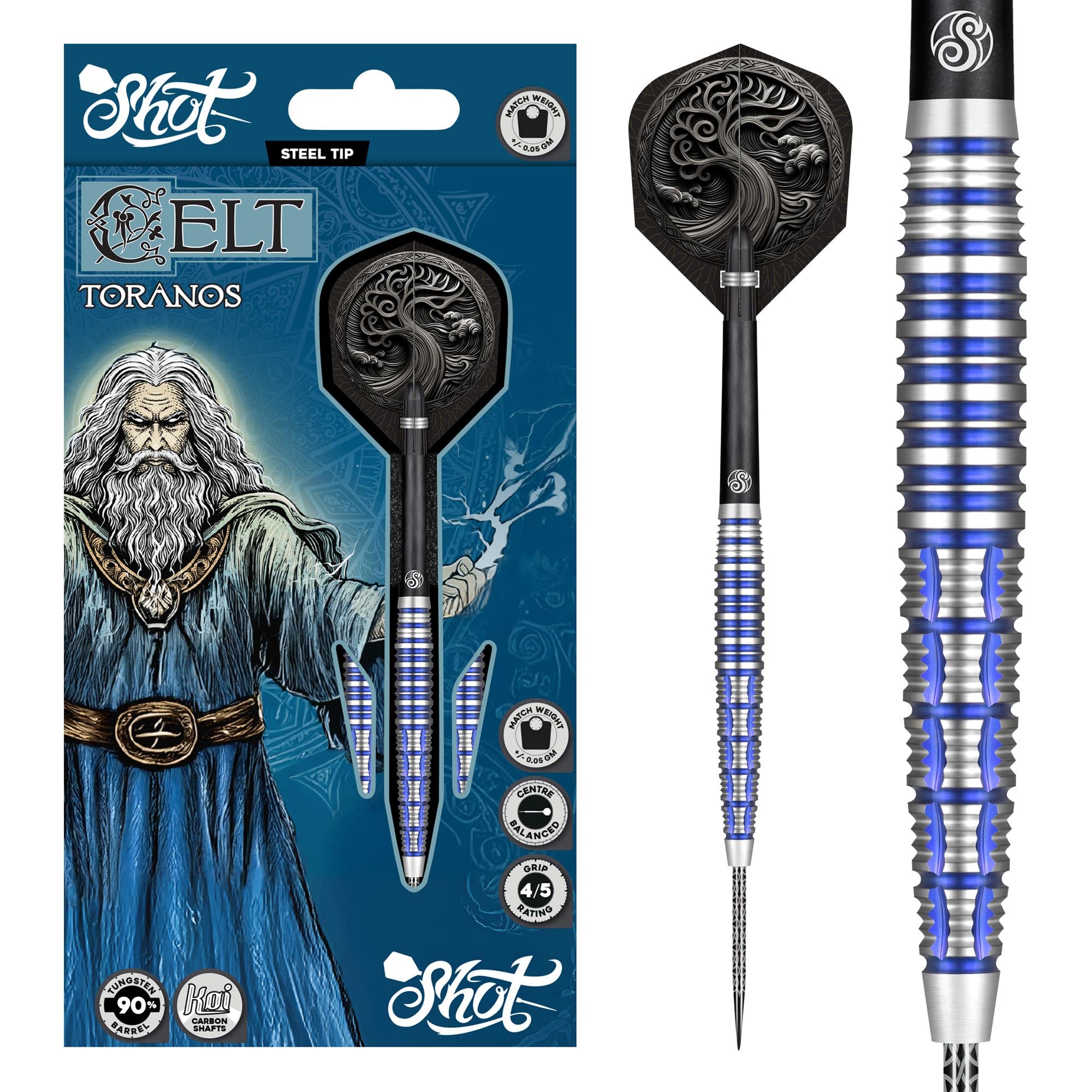 Shot! Celt Toranos Steel Tip Dart Set 90% Tungsten Barrels, Centre Weighted professional darts for bristle dartboard