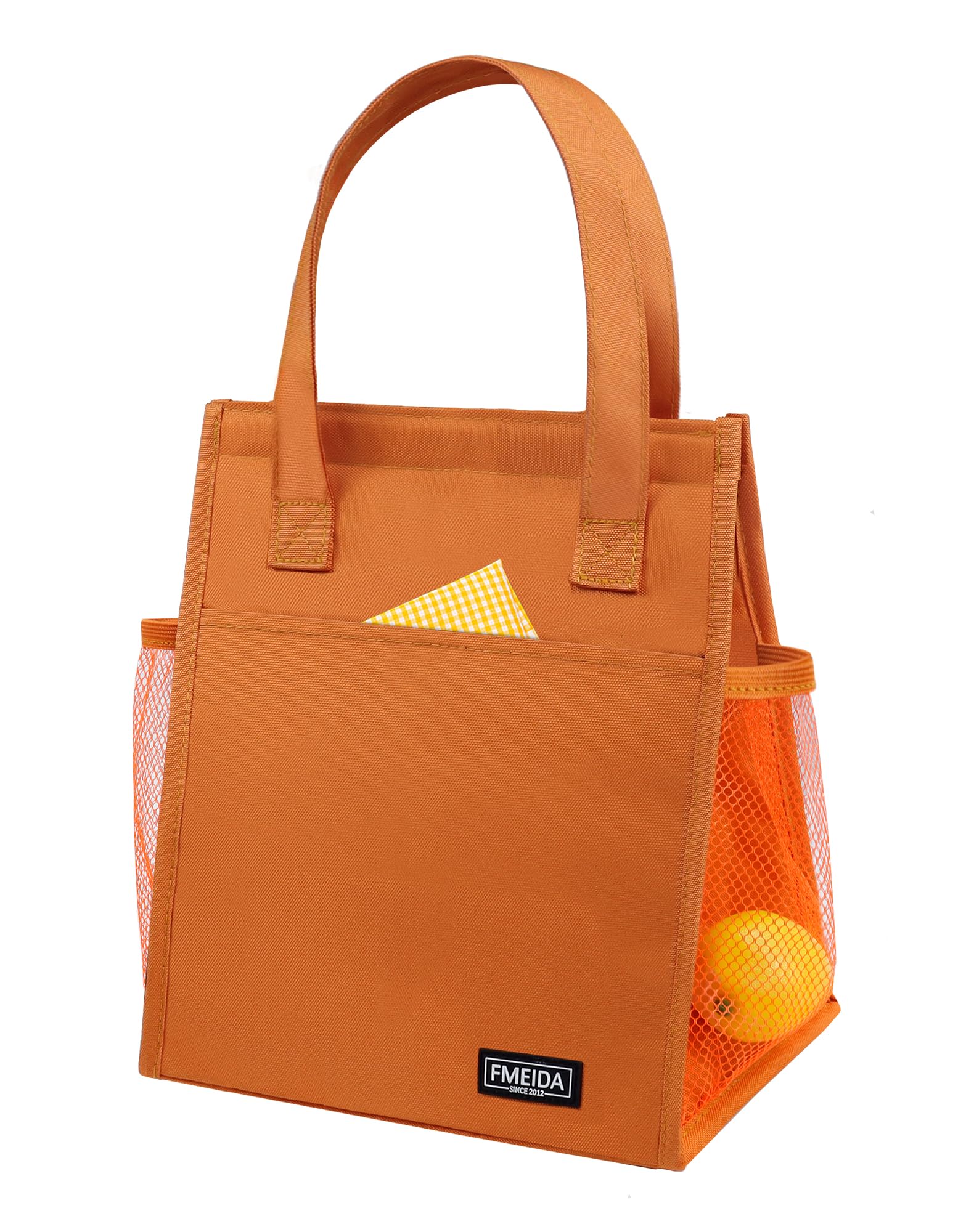 Fmeida Small Lunch Bag Insulated Lunch Bags for Adults Kids Thermal Lunch Box with Bottle Holder, Reusable Lunch Tote Bags Cool Bag for School Work Picnic- Orange