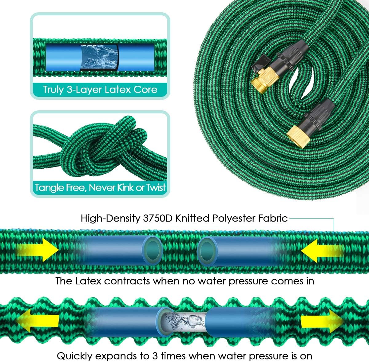 JSK Expandable Garden Hose 75FT - Flexible Water Hose with Superior Strength 3750D Fabric 3-Layers Latex Core 9-Function Spray Nozzle 3/4 Inch Brass Connectors No Kink Garden Hose Expandable : Garden & Outdoor