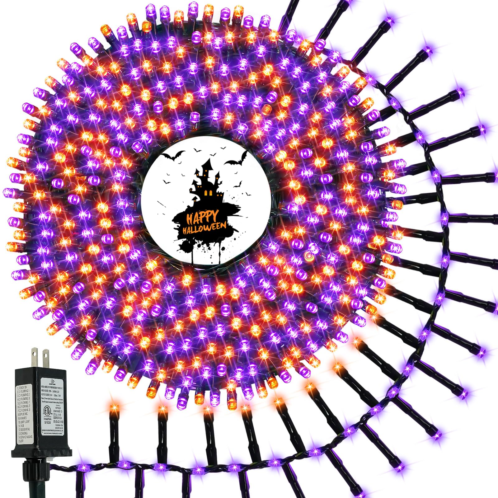 Photo 1 of 33FT 800 LED Halloween Slow Twinkle Cluster Lights, Firecracker Fairy Lights with 15 Modes & Timer Function, Waterproof String Lights for Indoor Outdoor Tree Halloween Decorations, Orange and Purple