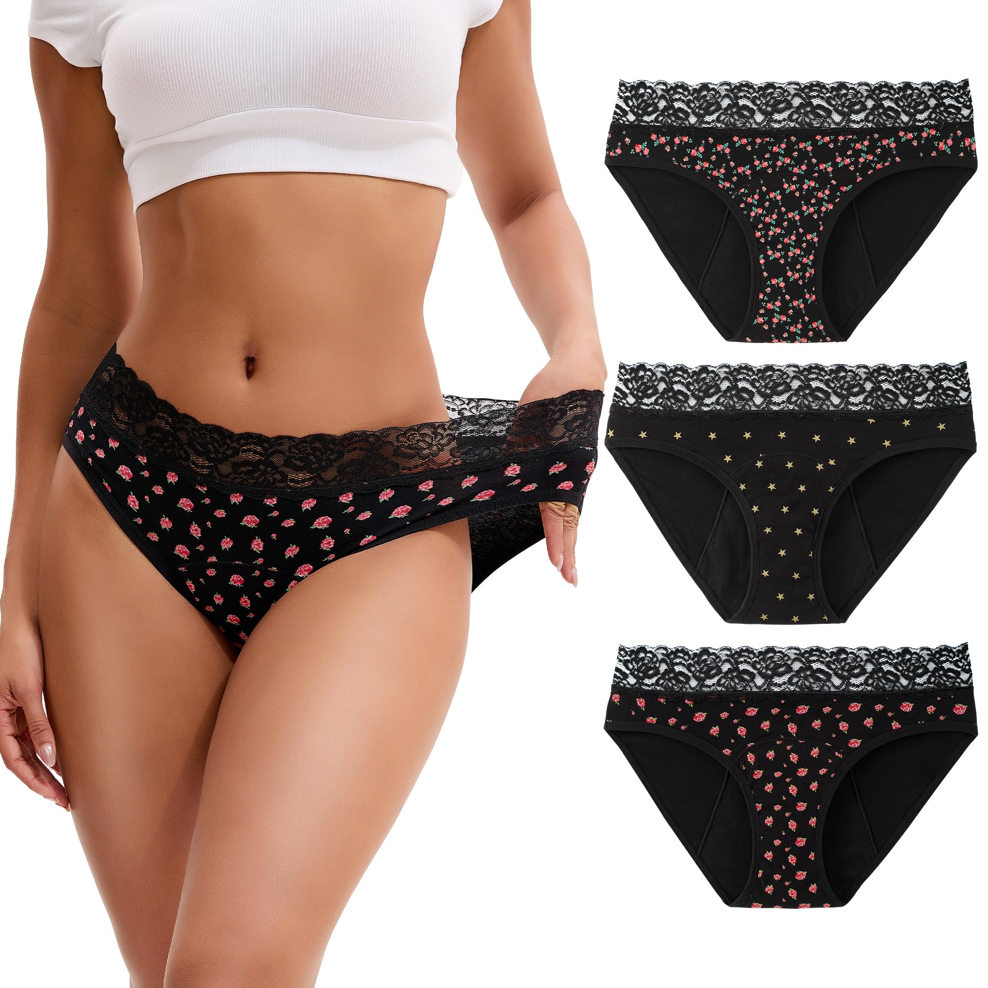 Photo 1 of *** UNKNOWN SIZE** INNERSY Period Underwear for Women Cotton Lace Leakproof Menstrual Hipster Panties Bikini Briefs 3-Pack(Medium,Blossom Star)