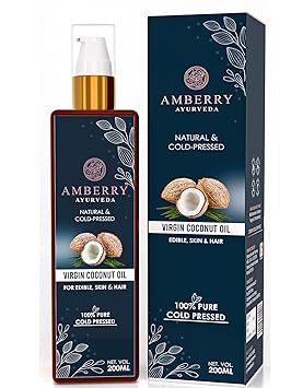 Amberry Ayurveda 100% Organic Extra Virgin Coconut Oil | Unrefined Cold Pressed Plant Based Oil for Hair, Skin & Cooking (200ml)