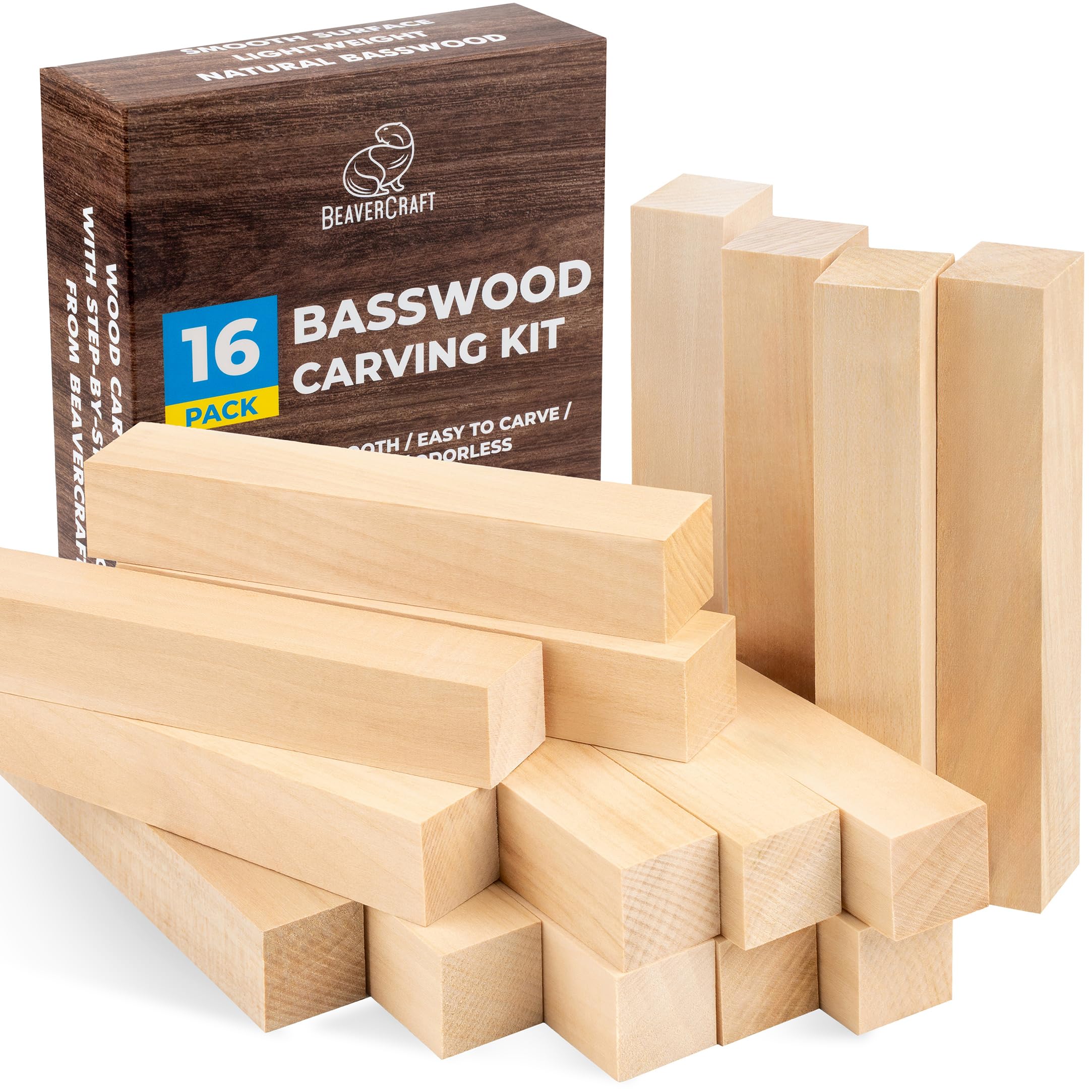 BeaverCraft Basswood Carving Blocks BW16 pcs - Soft Whittling Wood Carving Kit for Beginners - Unfinished Wooden Block Set - Basswood for Crafts